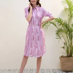 Iconic Women Abstract Printed Belted Shirt Collar Cuffed Sleeves Dress-image-39
