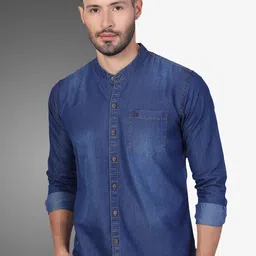 D Finish Band Collar Smart Denim Casual Shirt-image-67