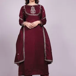 BLENDIFY Floral Embroidered Thread Work Round Neck A-Line Kurta With Trousers & Dupatta-picture-17