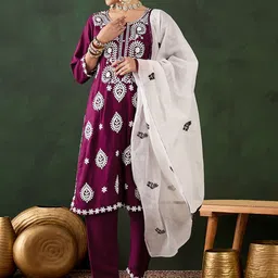 MANVAA Floral Embroidered Straight Thread Work Kurta With Trousers And Dupatta-image-96