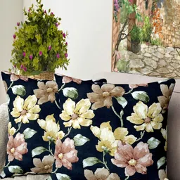 Blue Grass Black & White Set of 2 Floral Velvet Square Cushion Covers-1