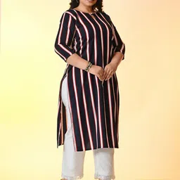 PrettyPlus by Desinoor.com Plus Size Striped Keyhole Neck Kurta image 3