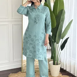 SIJOPA Printed Pure Cotton Collared Neck Three Fourth Sleeves Tunic With Trouser Co-Ords-image-83