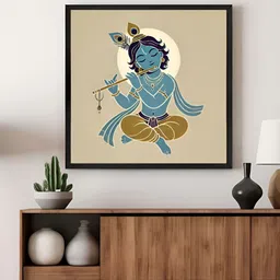 999Store Off White & Blue Baby Krishna Religious Canvas Wall Art-4