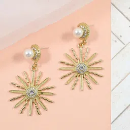 Bienvene Gold-Plated Artificial Stones Studded And Beaded Contemporary Drop Earrings-14