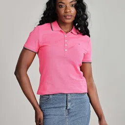 Tommy Hilfiger Women Solid Polo Collar Cotton T-shirt-image-88