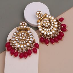 CAPILITE Jewellers Brass-Plated Kundan Studded And Pearls Beaded Floral Drop Earrings-image-93