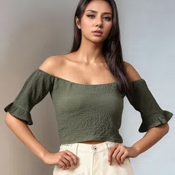 Mast & Harbour Off-Shoulder Textured Bell Sleeves Bardot Crop Top-image-43