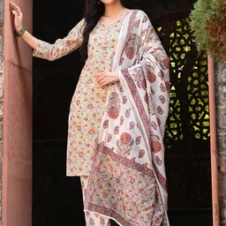 DECKEDUP Women Floral Printed Regular Pure Cotton Kurta with Trousers & With Dupatta-picture-15