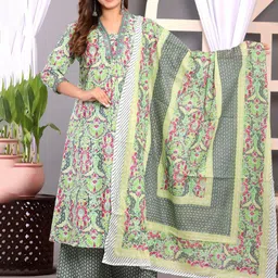 Women Floral Printed Cotton Kurta with Palazzos & Dupatta-picture-33