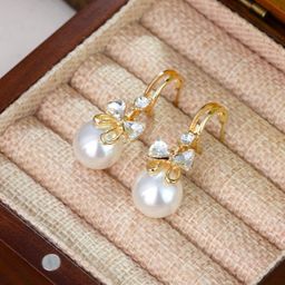 COOLWOOL Korean Gold-Plated Artificial Stones Studded & Pearls Beaded Spherical Studs-image-3