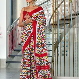 Panzora Ethnic Motifs Printed Ikat Saree with Blouse Piece-picture-56