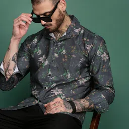Sangria Hibiscus Flower Printed Spread Collar Long Sleeve Shirt-image-74