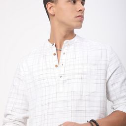 VASTRADO Modish Ivory Checked Band Collar Pure Cotton Straight Kurta-picture-51