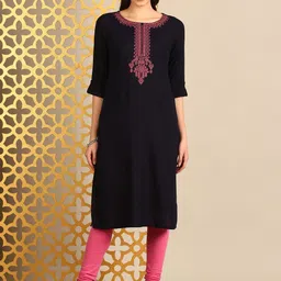 Anouk Floral Yoke Design Round Neck Thread Work Straight Kurta-image-94