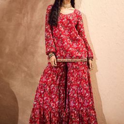 Shae by SASSAFRAS Floral Printed Gotta Patti Straight Kurti with Sharara-picture-10