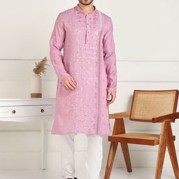 House of Pataudi Embroidered Sequinned Mandarin Collar Straight Kurta-44
