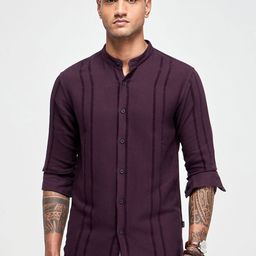 Red Flame Men Band Collar Textured Cotton Linen Casual Shirt-image-11