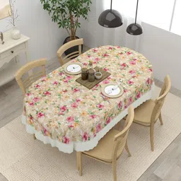 Clasiko Beige & Pink Floral Anti-Slip Oval Shaped 4-Seater Table Cover-14