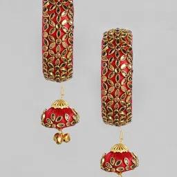 Peora Red Gold-Plated Set of 2 Handcrafted Silk Thread Kundan Studded Bangles image 5
