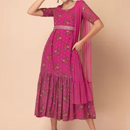 INDYA Floral Printed Ethnic Dress With Attached Dupatta & Embellished Belt-image-15