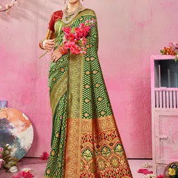 Anouk Green & Red Ethnic Motifs Woven Design Zari Banarasi Saree-16