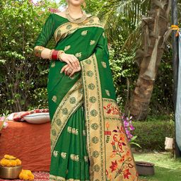 Anouk Green & Gold-Toned Ethnic Motifs Woven Design Zari Banarasi Saree-18