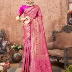 Anouk Pink & Gold-Toned Ethnic Motifs Woven Design Zari Banarasi Saree-picture-11