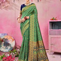 Anouk Green & Blue Ethnic Motifs Woven Design Zari Art Silk Banarasi Saree-image-64