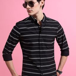 HIGHLANDER Black Horizontal Stripes Spread Collar Cotton Casual Shirt-image-15