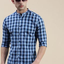 SHOWOFF Standard Slim Fit Buffalo Checks Mandarin Collar Cotton Casual Shirt-image-92
