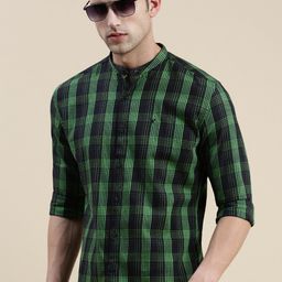SHOWOFF Standard Slim Fit Tartan Checks Mandarin Collar Cotton Casual Shirt-image-79