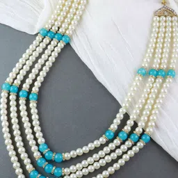 I Jewels Men Gold-Toned & Blue Beads 4 Layered Dulha Chain-image-59