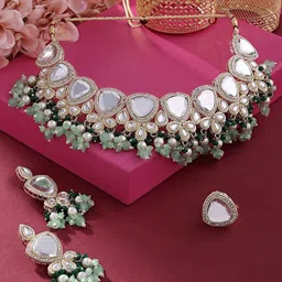 Zaveri Pearls Gold-Plated Kundan Stone-Studded & Beaded Necklace & Earrings With Ring-15