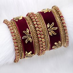 Peora Maroon & Gold-Plated Set Of 2 Matching Bangle Kundan Studded Chuda Bangles-45