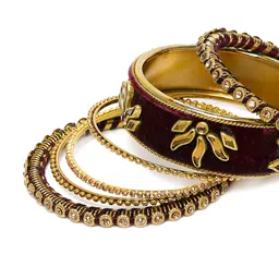 Peora Maroon & Gold-Plated Set Of 2 Matching Bangle Kundan Studded Chuda Bangles image 3