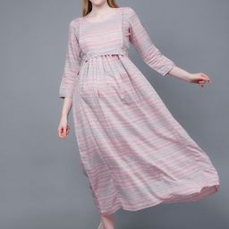 DUMMY SHAPE Striped Embroidered Fit & Flare Midi Pure Cotton Maternity Feeding Dress-image-26