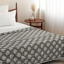 HOMEMONDE Grey & White Floral Cotton AC Room 150 GSM Reversible Double Bed Dohar-image-89