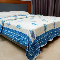 inizio Cream & Blue Floral Cotton AC Room 200 GSM Double Bed Dohar-image-99
