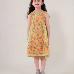 Sangria Girls Floral Printed Sleeveless Pure Cotton A-Line Dress-image-75