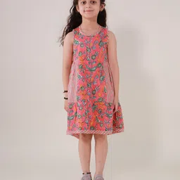 Sangria Girls Floral Printed Sleeveless Pure Cotton A-Line Dress-image-76