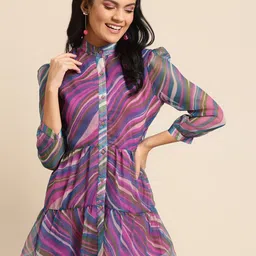 DODO & MOA Women Pink & Blue Striped A-Line Tiered Dress-picture-57