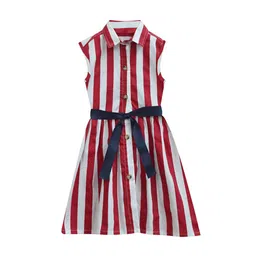 A T U N Red & White Striped Pure Cotton Dress-image-38