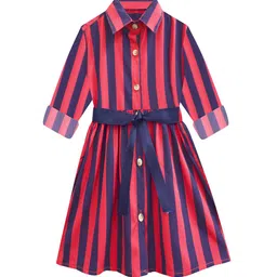 A T U N Pink & Blue Striped Shirt Dress With Belt-image-23