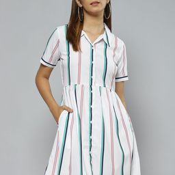 DENNISON White & Green Striped Crepe A-Line Dress-picture-57