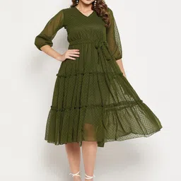 Bitterlime Self Design V Neck Tiered Fit And Flare Dress-45