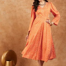 SHOOLIN V Neck Floral Printed A-Line Midi Dress-image-12