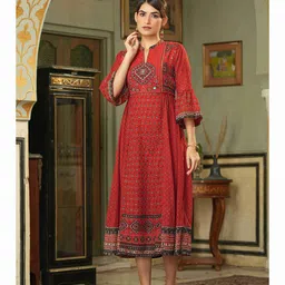 Juniper Women Red Ethnic Motifs Georgette Ethnic Flared  A-Line Dress-54