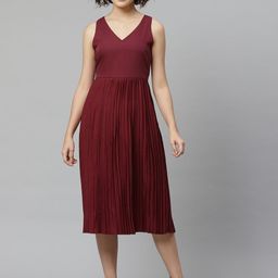 VARUSHKA Women Maroon Accordion Pleats Solid A-Line Dress-image-85