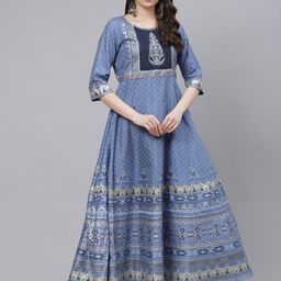 AURELIA Blue & Beige Ethnic Motifs A-Line Maxi Dress-image-67